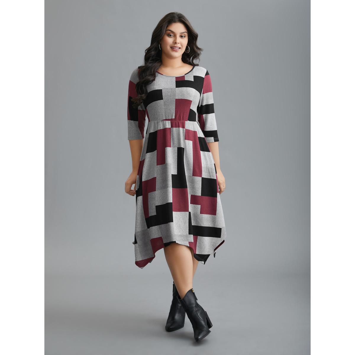 Plus Size Geometric Print Asymmetrical Hem Midi Dress Multicolor Women Casual Contrast Knit Dresses Bloomchic 10/M Product Image