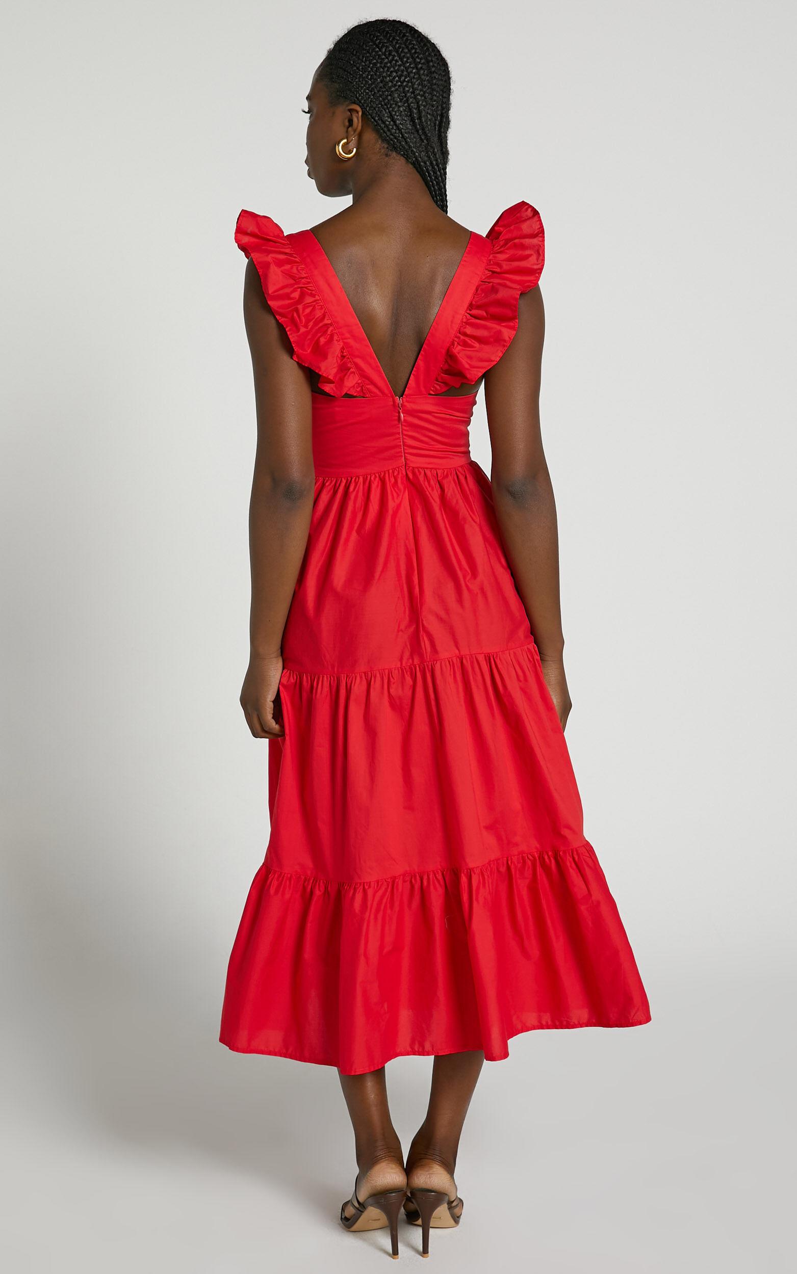 Levona Midi Dress - Ruffle Shoulder Tiered Dress in Cherry Tomato Product Image