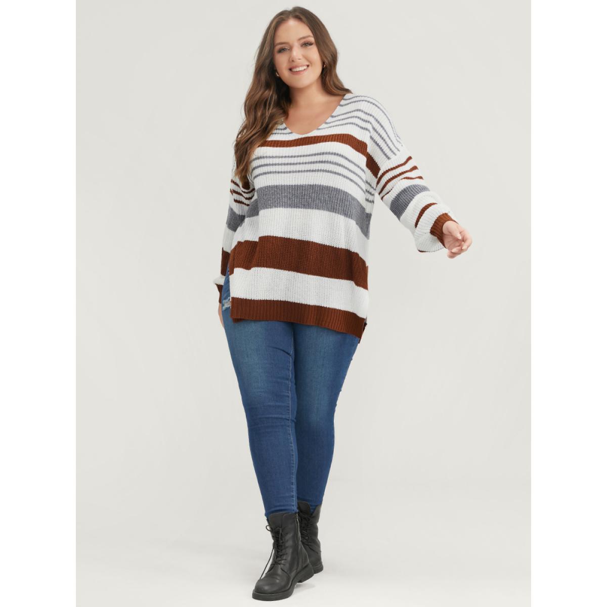 Plus Size Striped Contrast Pointelle Knit Split Hem Knit Top Multicolor Women Casual Loose Long Sleeve V-neck Dailywear Pullovers BloomChic 14-16/1X Product Image