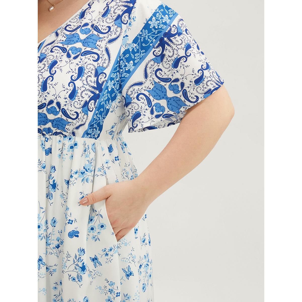 Plus Size Bandana Ruffle Sleeve Button Detail Pocket Ties Up Dress LightBlue Women Vacation Pocket V-neck Short sleeve Curvy Midi Dress BloomChic 12/L Product Image