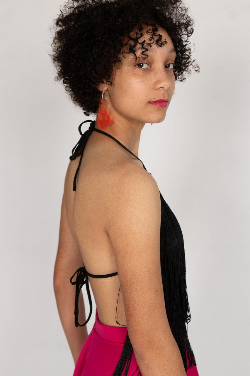 Black Fringe Halter Bodysuit Product Image