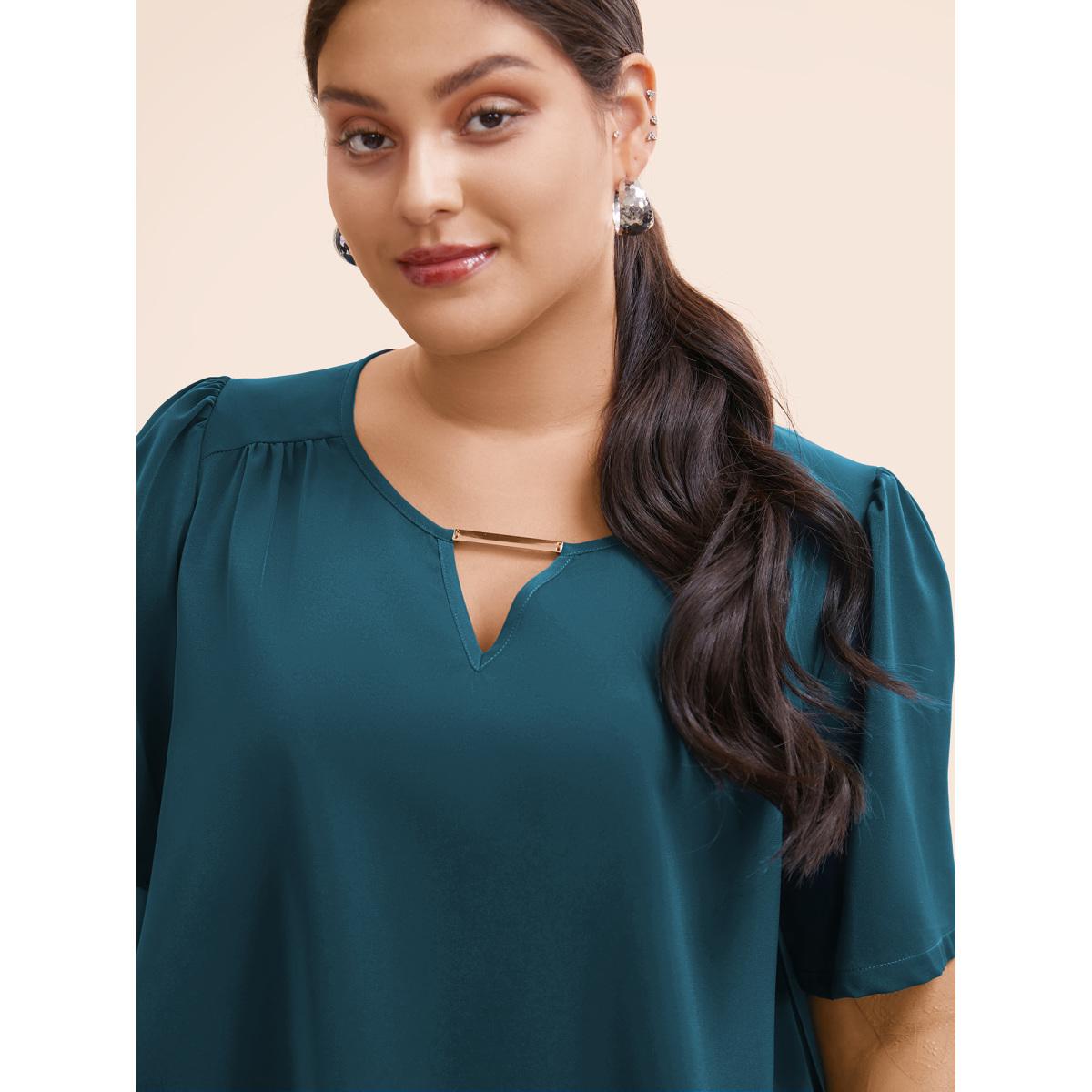 Plus Size Cyan Anti-Wrinkle Plain Metal Detail Keyhole Neck Blouse Women Office Short sleeve V-neck Work Blouses BloomChic 14-16/1X Product Image