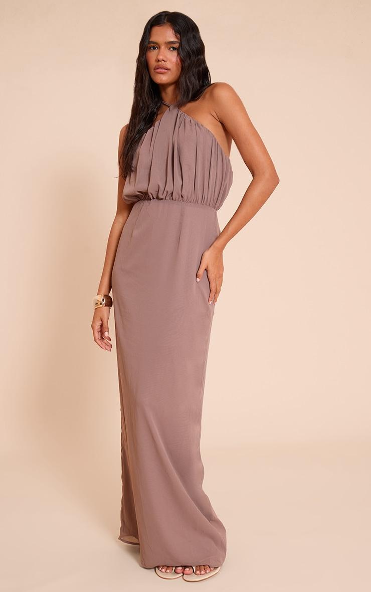 Taupe Chiffon Halter Neck Maxi Dress Product Image