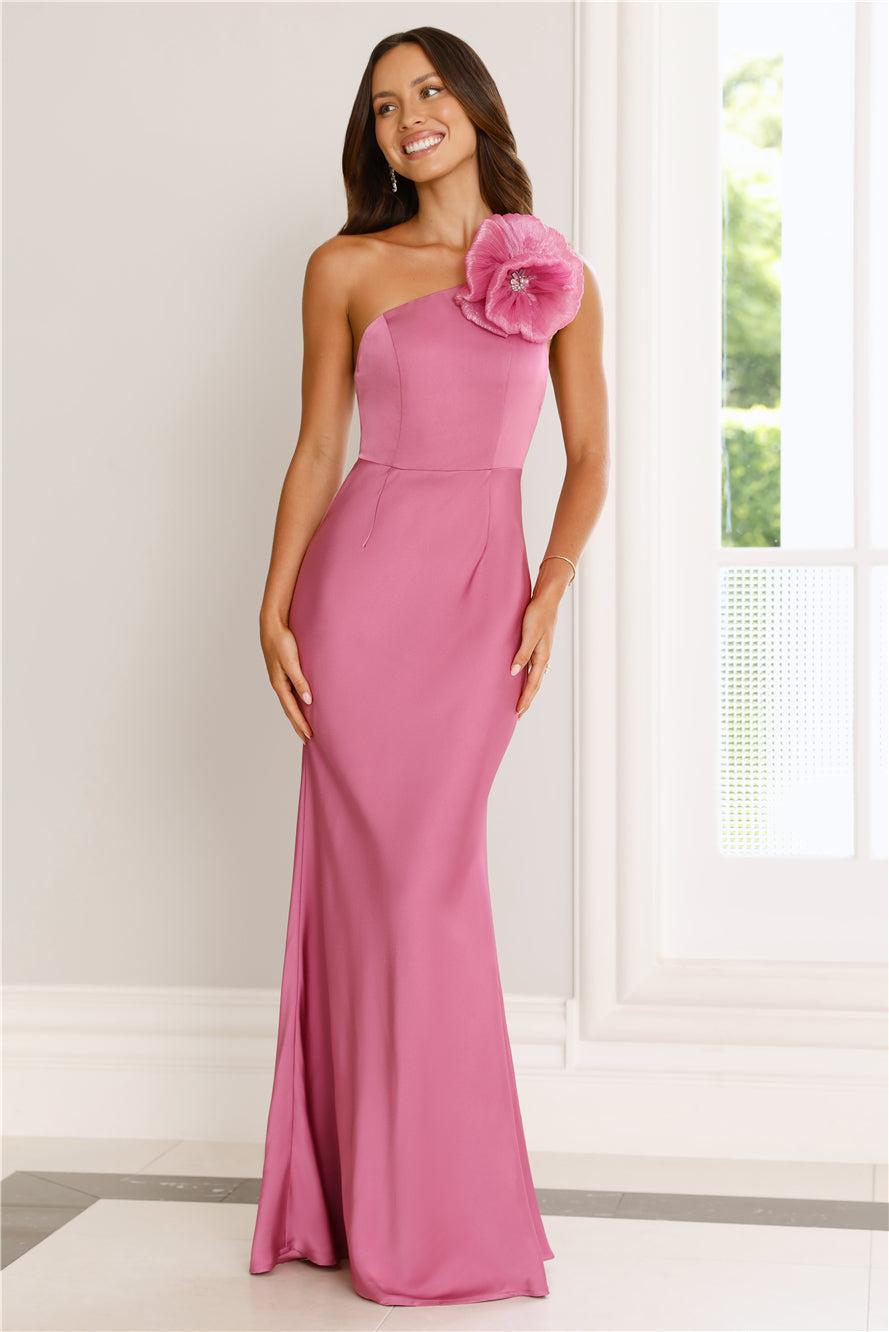 Flowered Opulence One Shoulder Satin Maxi Dress Mauve Product Image