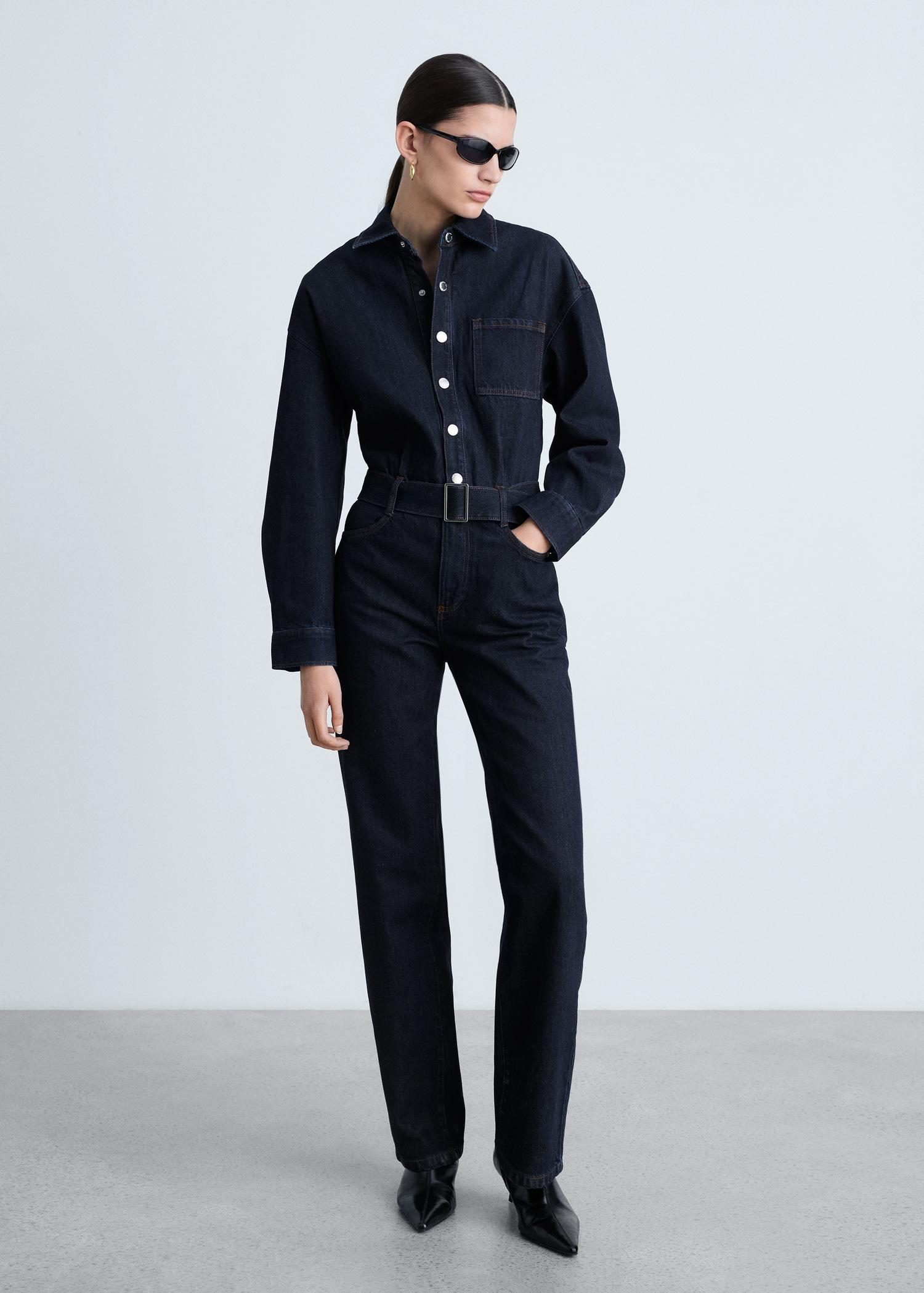 Rinse-wash denim jumpsuit with belt - Women | MANGO USA Product Image