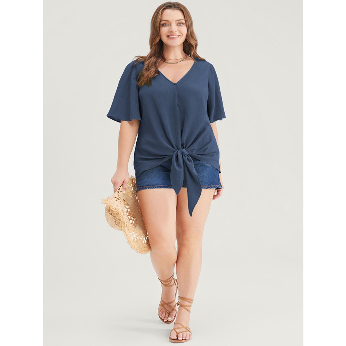 Plus Size Indigo Plain Ruffle Sleeve Knot Front Button Detail Blouse Women Casual Short sleeve V-neck Dailywear Blouses BloomChic 12/L Product Image
