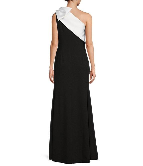 Betsy & Adam Satin Bow One Shoulder Scuba Crepe Sleeveless Mermaid Gown Product Image