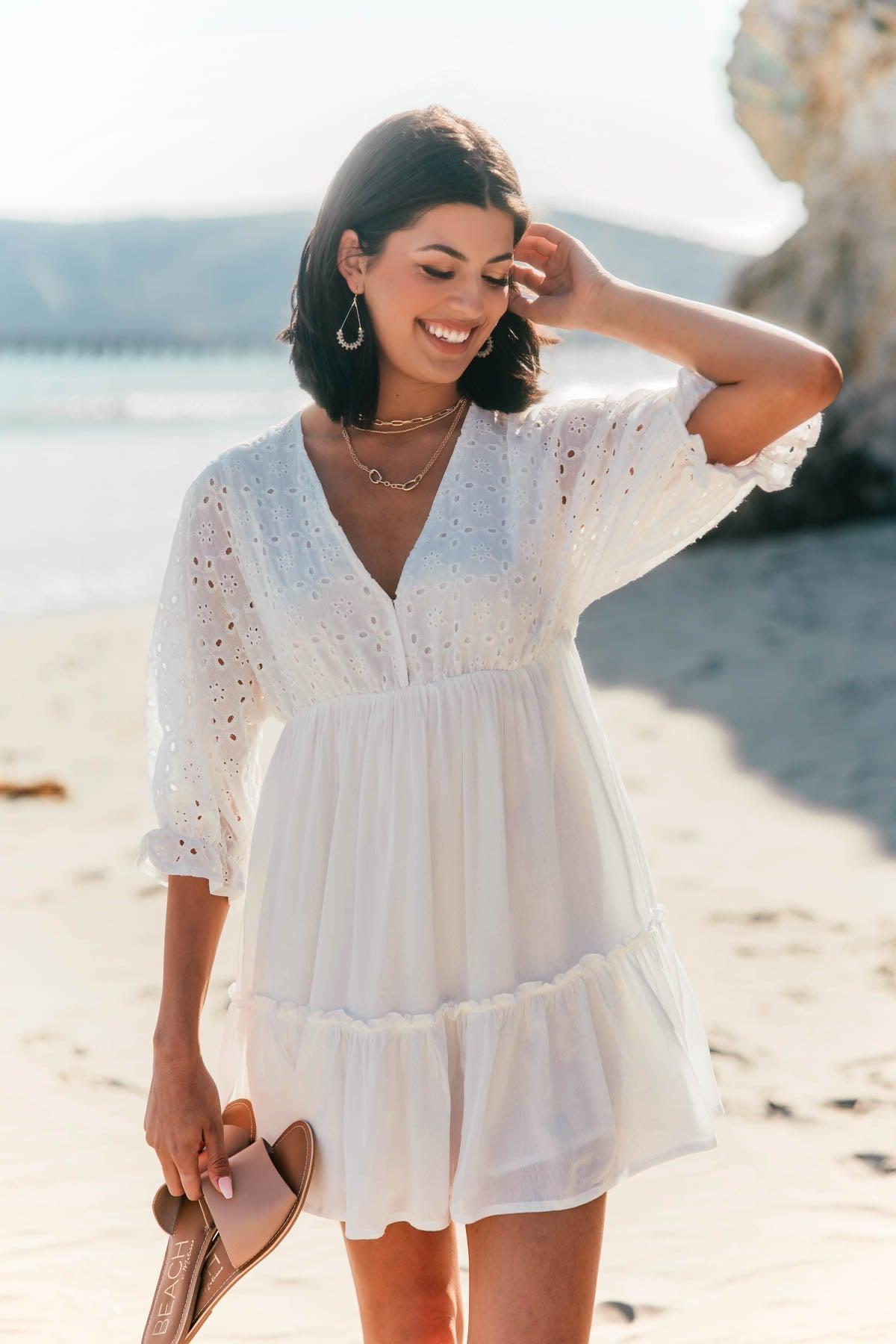 Chloe White Eyelet Tiered Mini Dress - FINAL SALE Product Image