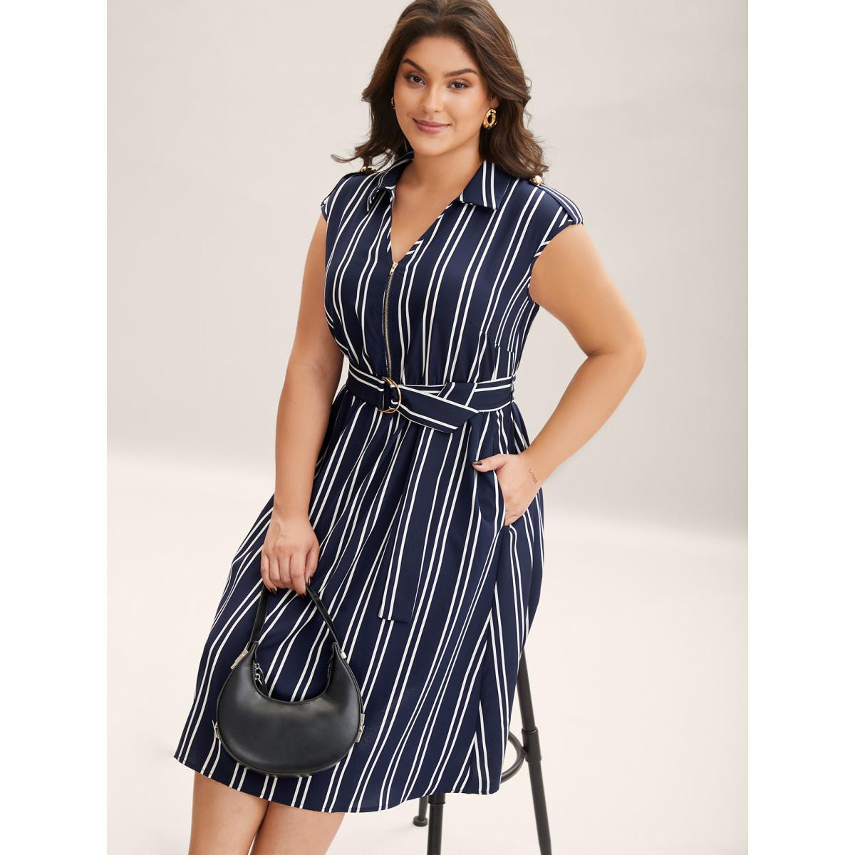 Plus Size Stripe Print Zipper Belted Midi Dress Navy Women Office Shirt collar Sleeveless Curvy BloomChic 30/6X Product Image