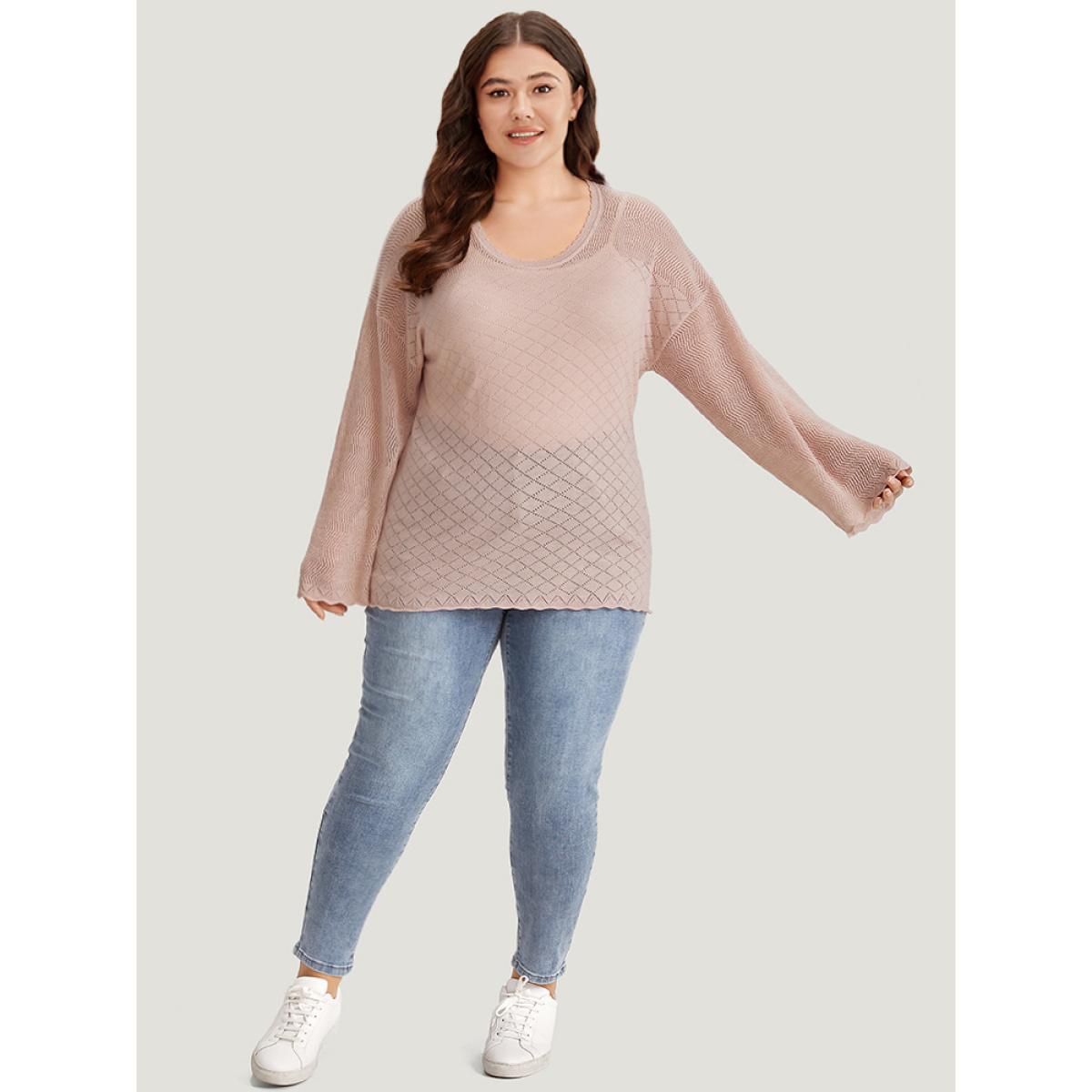 Plus Size Supersoft Essentials Geometric Curved Hem Patchwork Very Stretchy Pullover Pink Women Casual Loose Long Sleeve Round Neck Everyday Pullovers BloomChic 18-20/2X Product Image