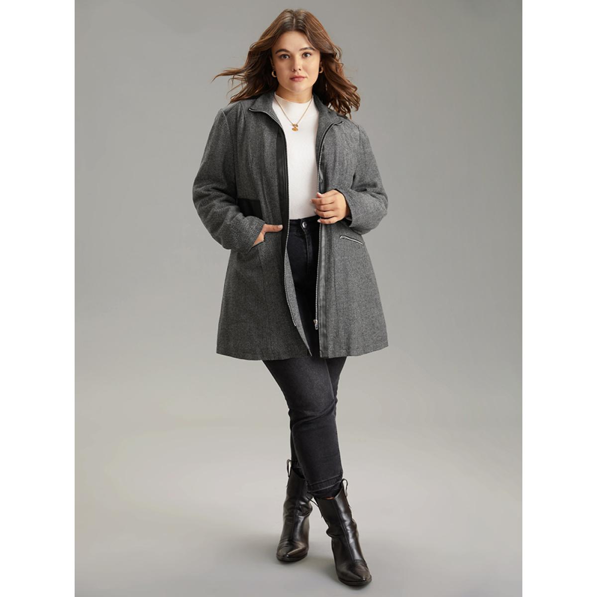 Plus Size Padded Patchwork PU Leather Zipper Coat Women Black Casual Texture Ladies Dailywear Winter Coats BloomChic 26/4X Product Image