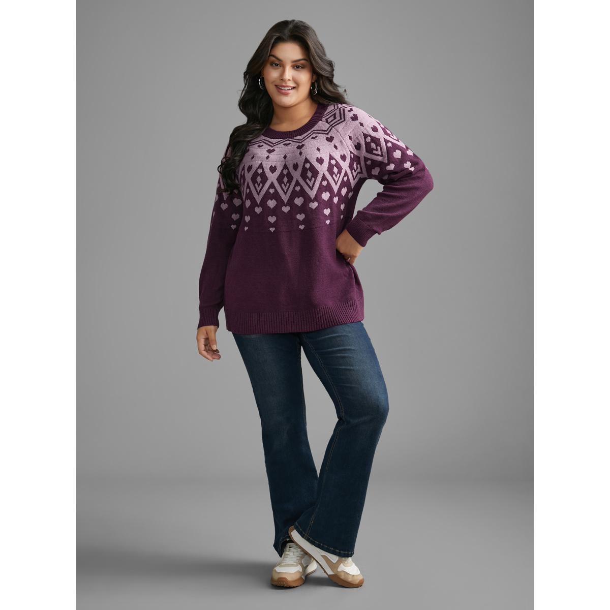 Plus Size Heart Round Neck Raglan Sleeve Pullover Lilac Women Casual Loose Long Sleeve Round Neck Everyday Pullovers BloomChic 28/5X Product Image