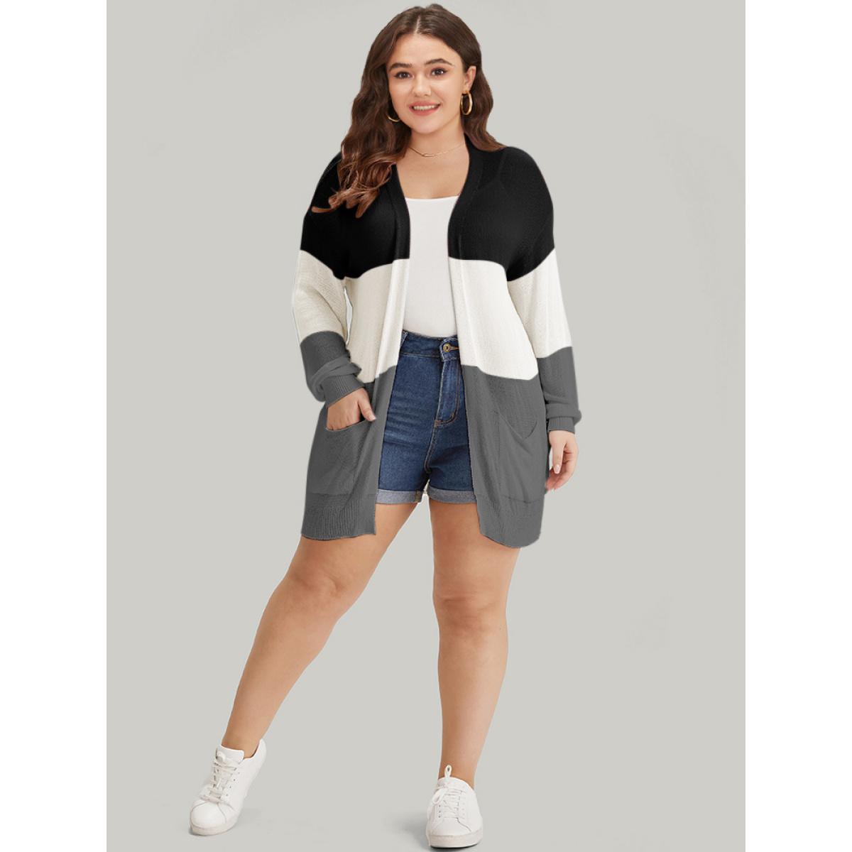 Plus Size Colorblock Pocket Drop Shoulder Elastic Cuffs Contrast Cardigan Black Women Casual Loose Long Sleeve Dailywear Cardigans BloomChic 22-24/3X Product Image