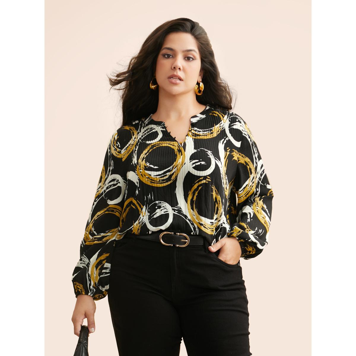Plus Size BlackFlower Brush Print Pleated Lantern Sleeve Blouse Women At the Office Long Sleeve V-neck Work Blouses BloomChic 12/L Product Image