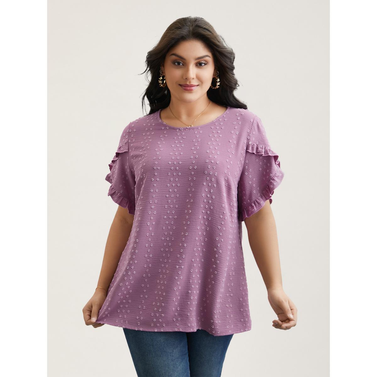 Plus Size Mauve Textured Round Neck Ruffled Sleeve Shirt Women Elegant Short sleeve Round Neck Everyday Blouses BloomChic 26/4X Product Image