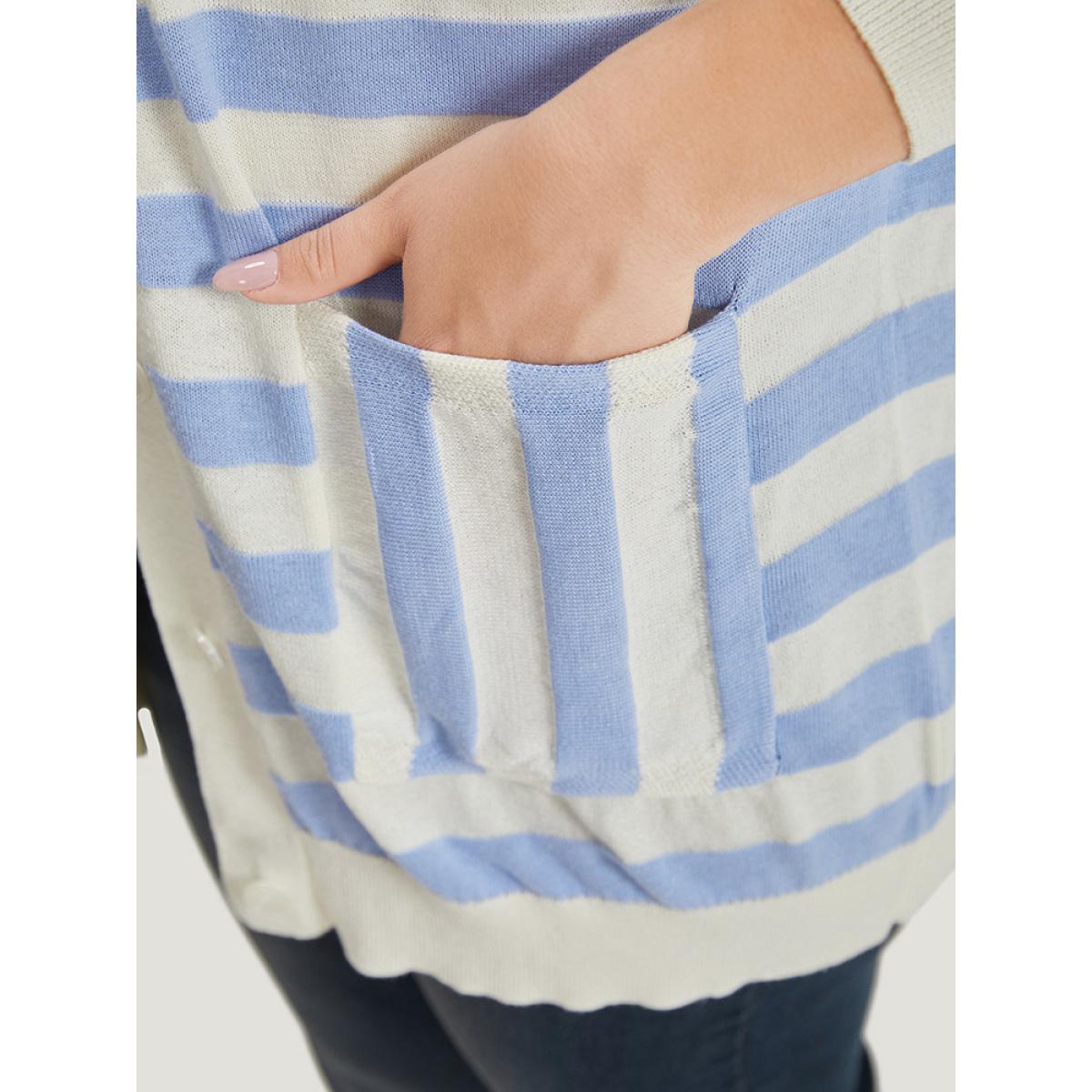 Plus Size Striped Button Down Patched Pocket Cardigan LightBlue Women Casual Loose Long Sleeve Everyday Cardigans BloomChic 30/6X Product Image
