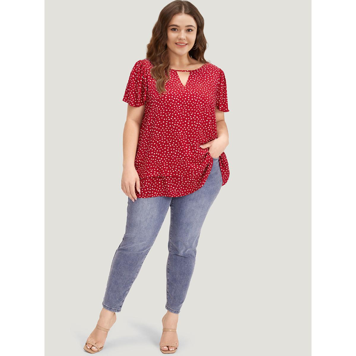 Plus Size Scarlet Polka Dot Keyhole Flutter Sleeve Layered Hem Blouse Women Elegant Short sleeve Keyhole Cut-Out Dailywear Blouses BloomChic 30/6X Product Image