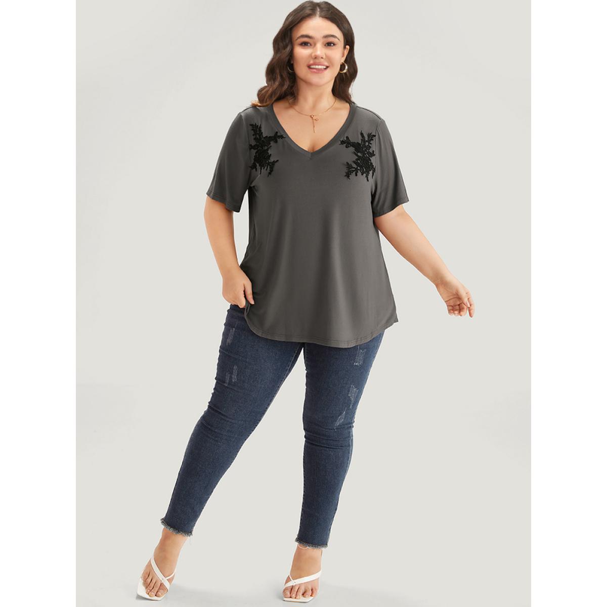 Plus Size Supersoft Essentials Floral V Neck Short Sleeve T-shirt DimGray Women Elegant Embroidered Silhouette Floral Print V-neck Dailywear T-shirts BloomChic 14-16/1X Product Image