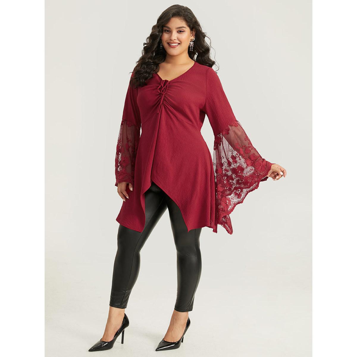 Plus Size Scarlet Halloween Solid Mesh Bell Sleeve Ruched Bowknot Blouse Women Elegant Long Sleeve V-neck Festival-Halloween Blouses BloomChic 28/5X Product Image