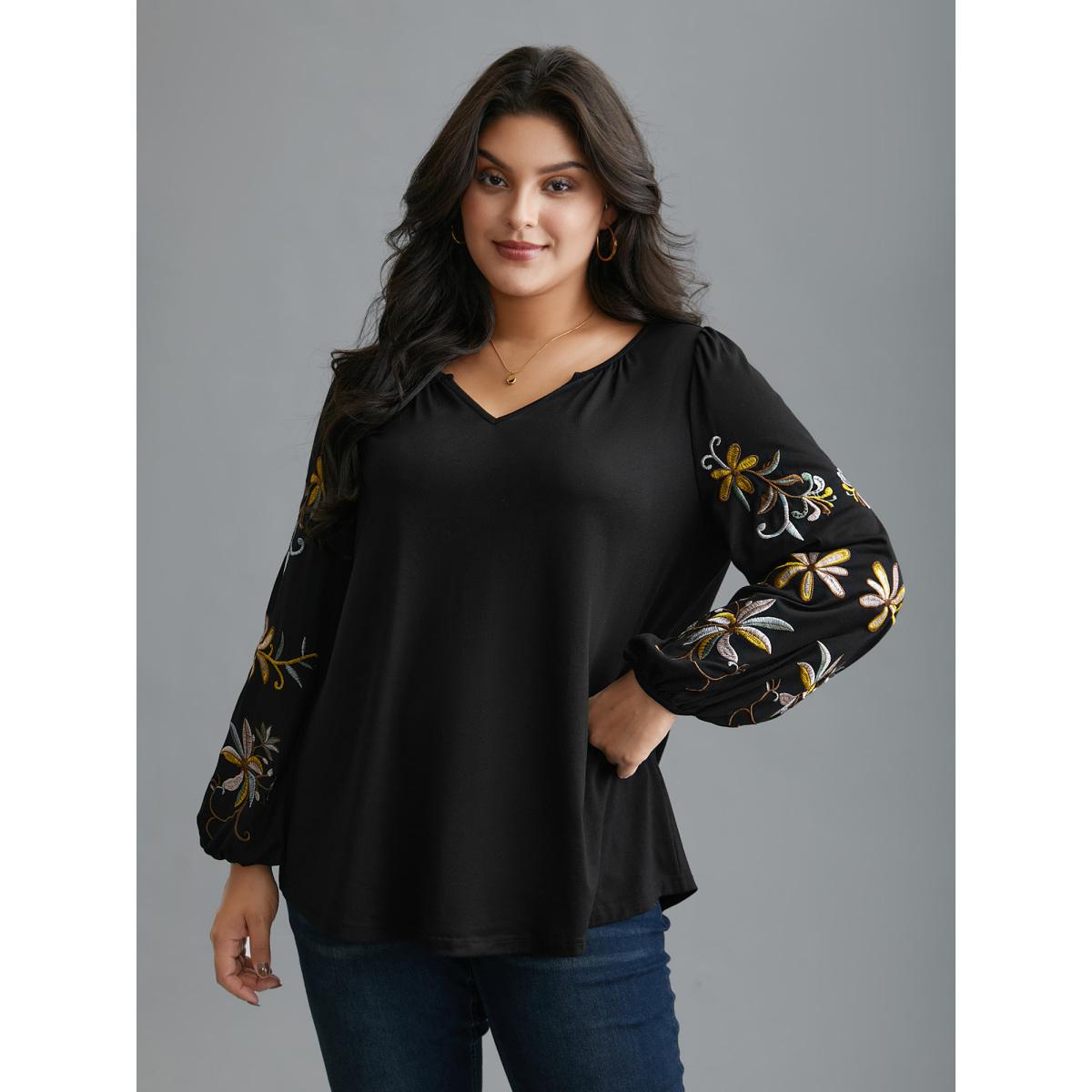 Plus Size Floral Embroidered Sleeve Notched Neckline T-shirt Black Women Elegant Gathered Natural Flowers Notched collar Everyday T-shirts BloomChic 30/6X Product Image