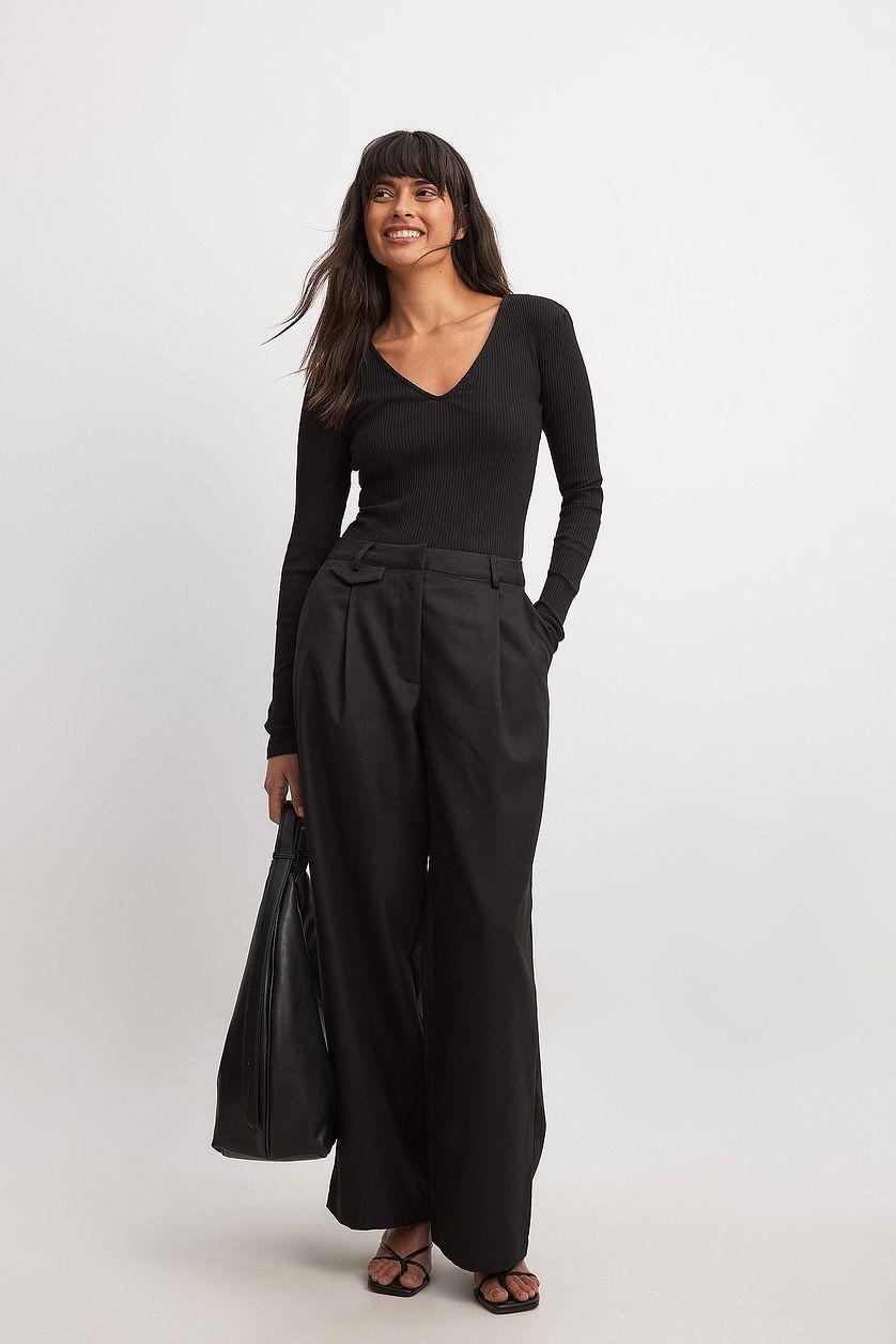 V-Neck Ribbed Long Sleeve Top Product Image