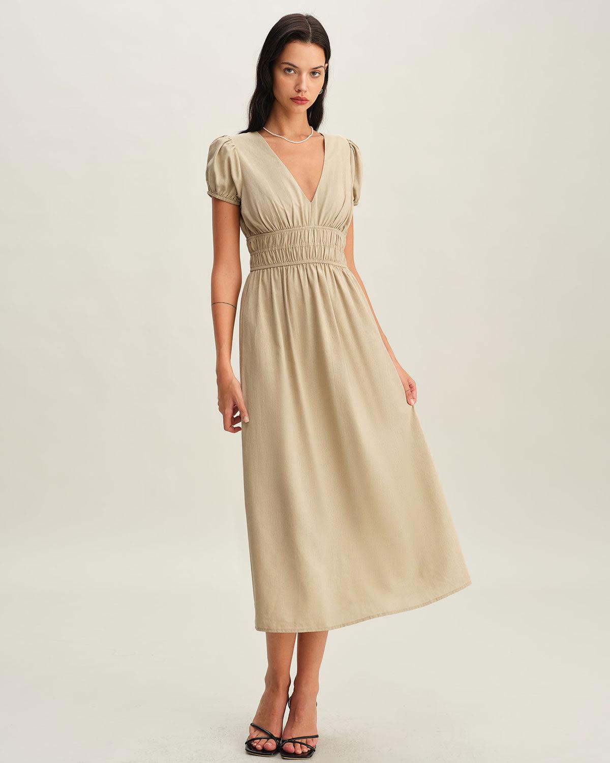 Beige Ruched Puffed Sleeve Midi Dress Product Image