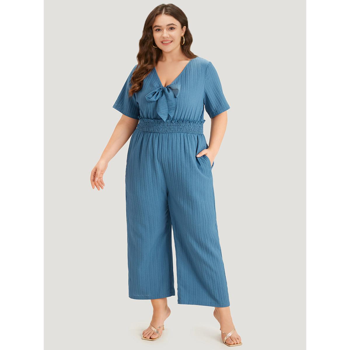 Plus Size Cerulean Textured Bowknot V Neck Shirred Pocket Jumpsuit Women Elegant Half Sleeve V-neck Dailywear Loose Jumpsuits BloomChic 30/6X Product Image