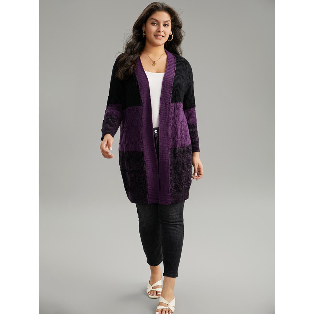 Plus Size Colorblock Heather Open Front Tunic Cardigan Purple Women Casual Loose Long Sleeve Dailywear Cardigans BloomChic 10/M Product Image