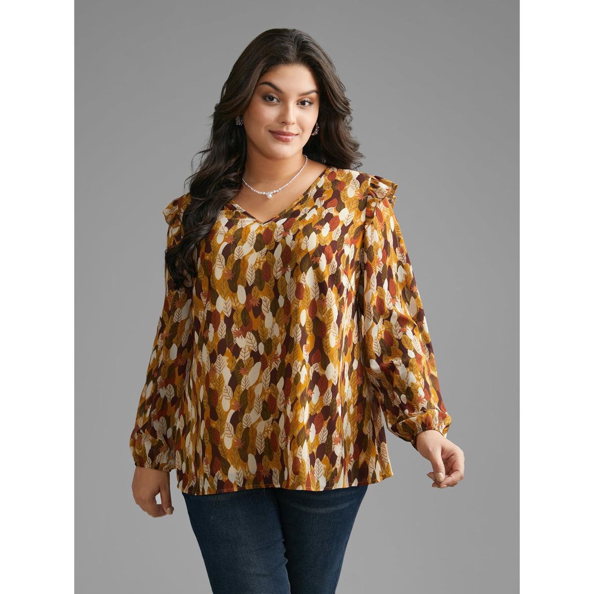 Plus Size Multicolor Leaves Print Ruffle Trim Slit Hem Blouse Women Elegant Long Sleeve V-neck Everyday Blouses BloomChic 18-20/2X Product Image