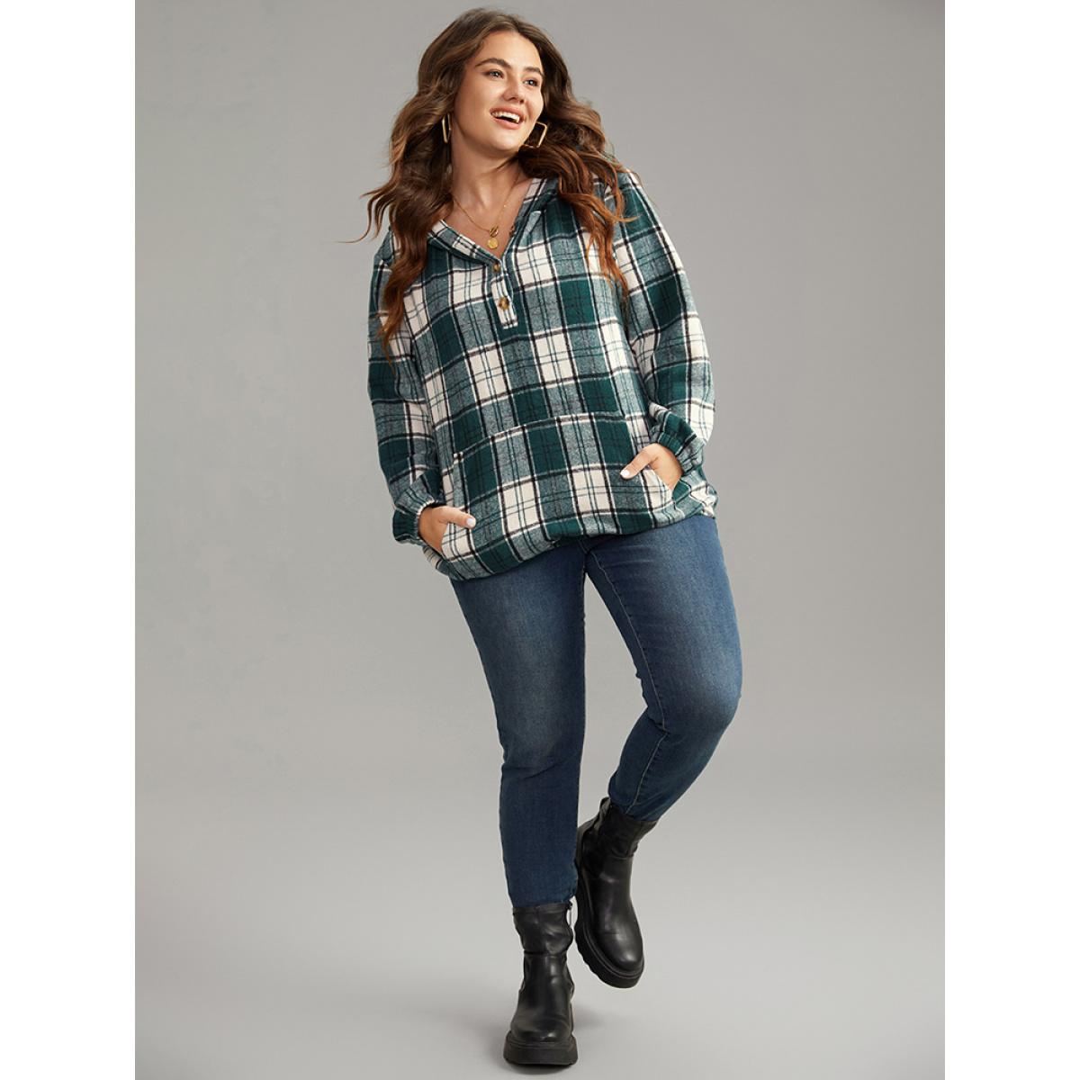 Plus Size Plaid Button Up Hooded Pocket Sweatshirt Women Green Casual Elastic cuffs Hooded Dailywear Sweatshirts BloomChic 26/4X Product Image
