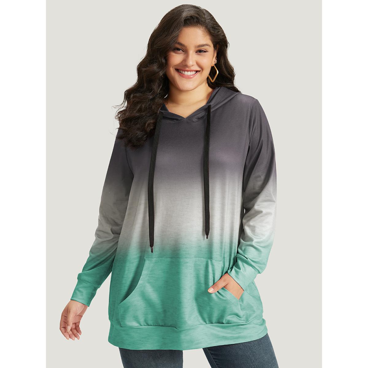Plus Size Ombre Pocket Drawstring Hooded Sweatshirt Women Gray Casual Elastic cuffs Hooded Everyday Sweatshirts BloomChic 18-20/2X Product Image