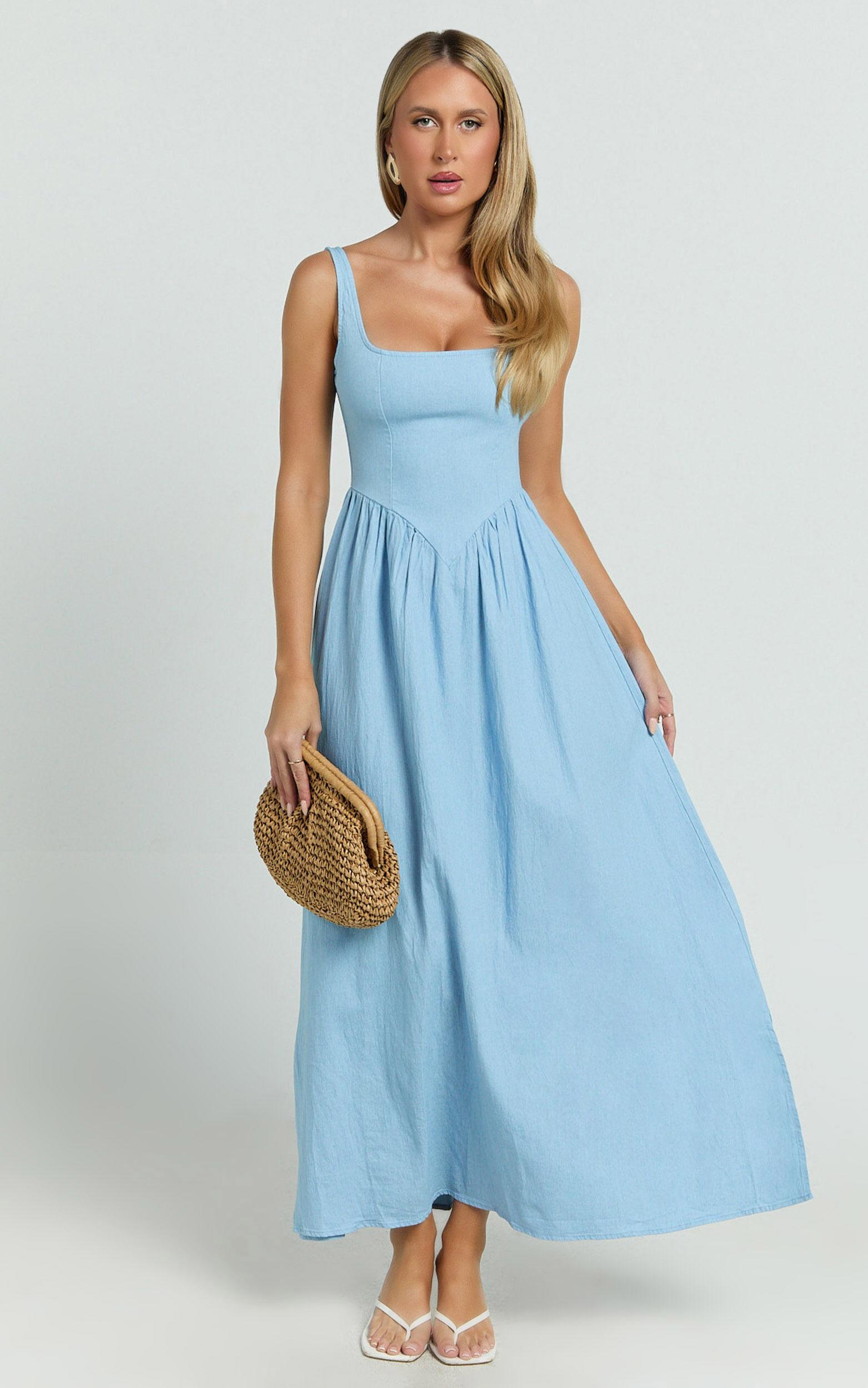 Rhaziya Midi Dress - Sleeveless Straight Neck Fit and Flare Dress in Blue Product Image