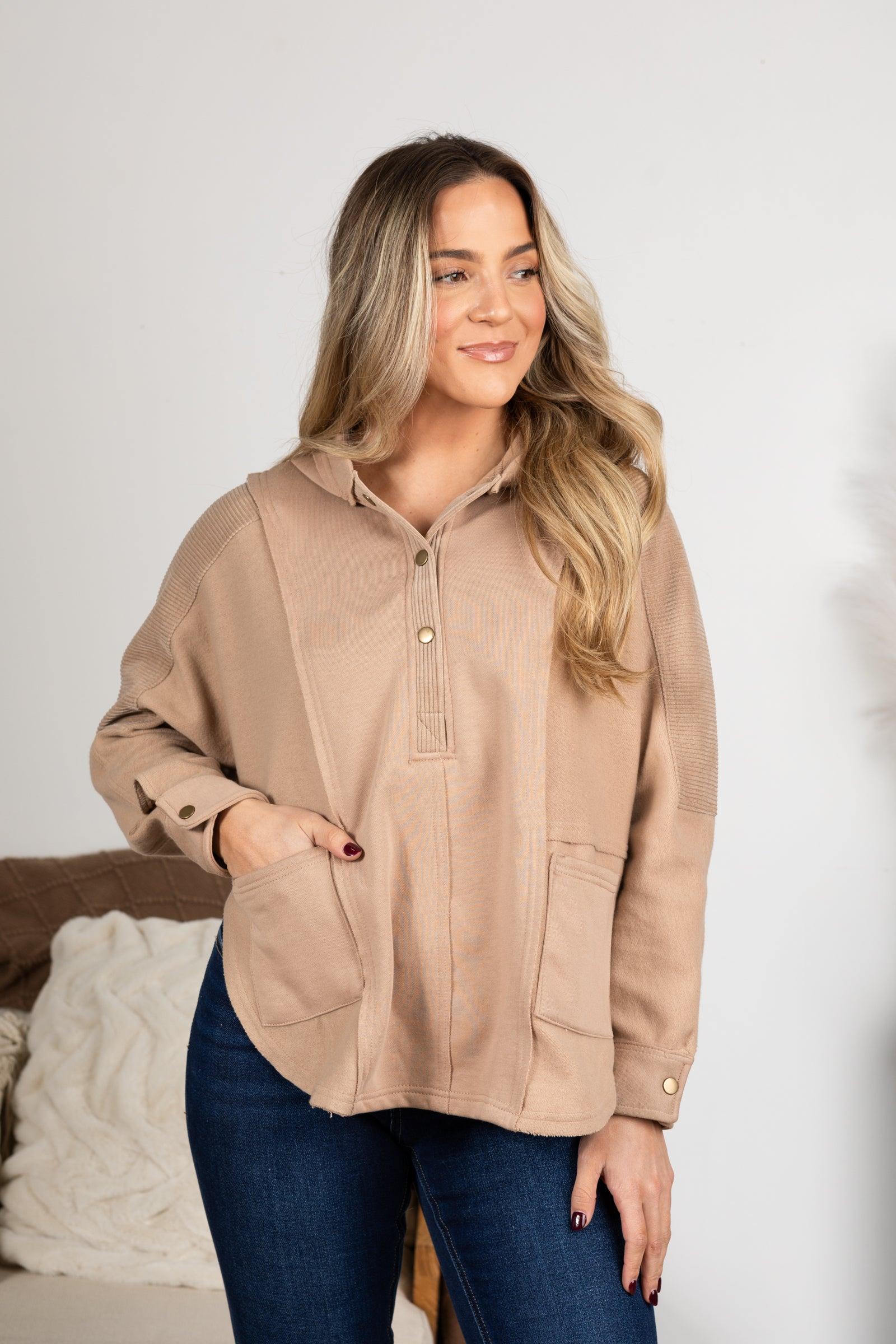 Taupe Patchwork Exposed Seam Hooded Knit Top Product Image