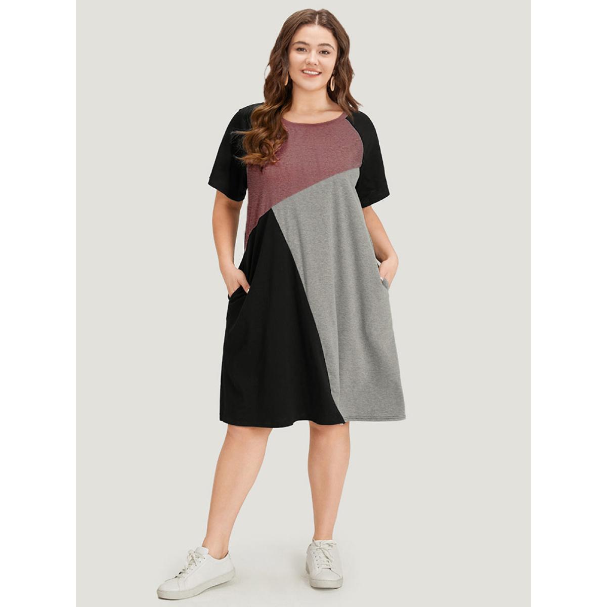 Plus Size Supersoft Essentials Colorblock Contrast Round Neck Raglan Sleeve Dress Russet Women Casual Patchwork Round Neck Short sleeve Curvy Midi Dress BloomChic 22-24/3X Product Image