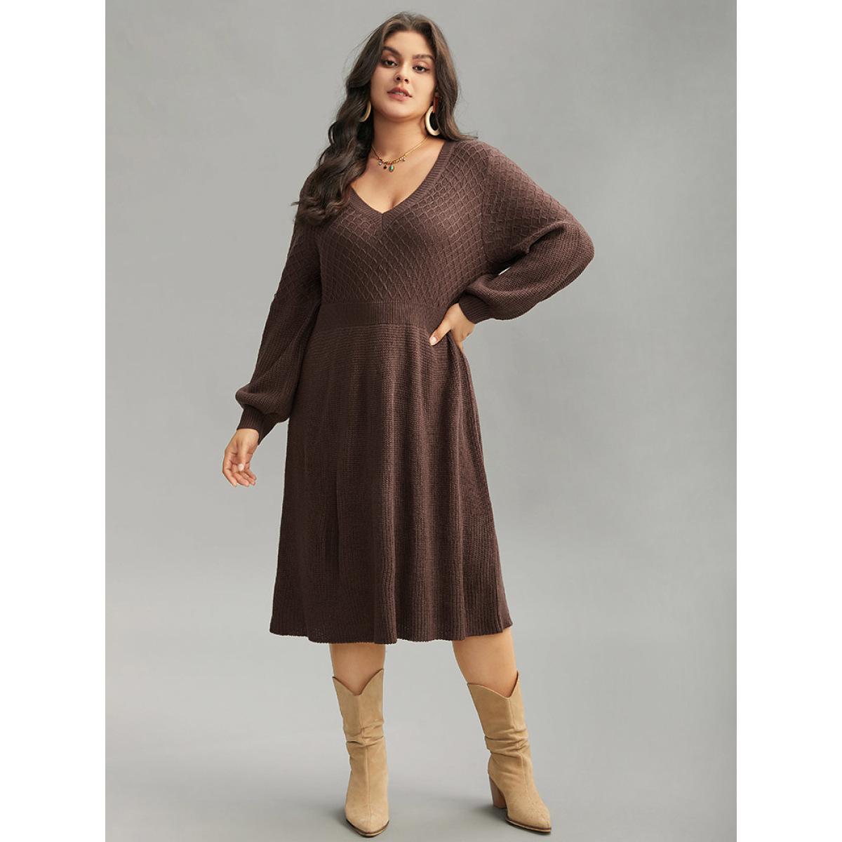 Plus Size A Line Waistline Inside Lantern Sleeve Sweater Dress DarkBrown Women Casual Loose Long Sleeve Dailywear Sweater Dresses BloomChic 30/6X Product Image