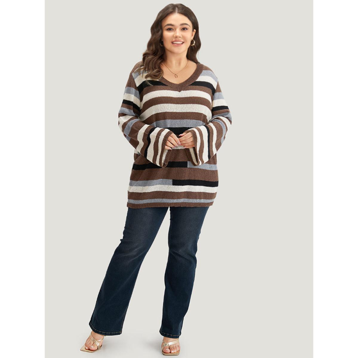 Plus Size Striped Colorblock Contrast V Neck Pullover Multicolor Women Casual Long Sleeve V-neck Dailywear Pullovers BloomChic 14-16/1X Product Image