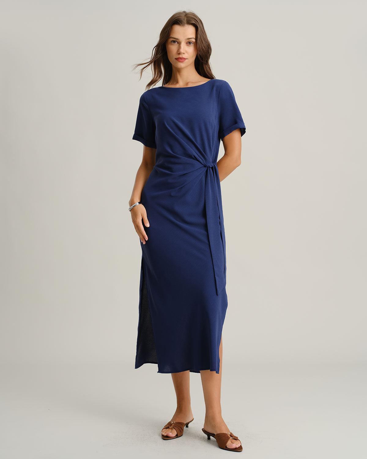 Blue Round Neck Short Sleeve Maxi Dress Product Image