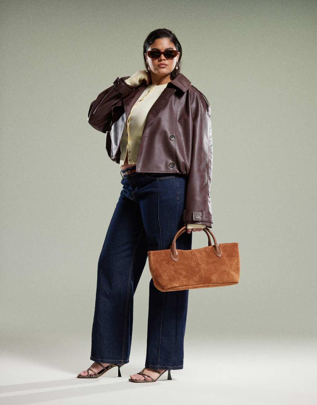 ASOS DESIGN Curve leather look bomber trench coat in chocolate Product Image