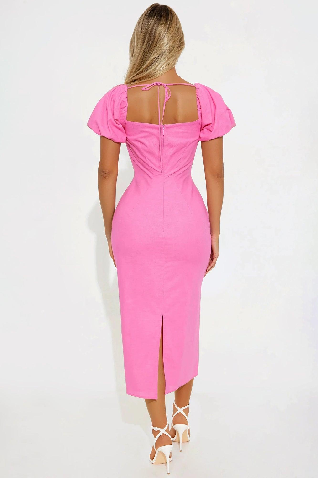 Brighter Days Linen Midi Dress - Fuchsia Product Image