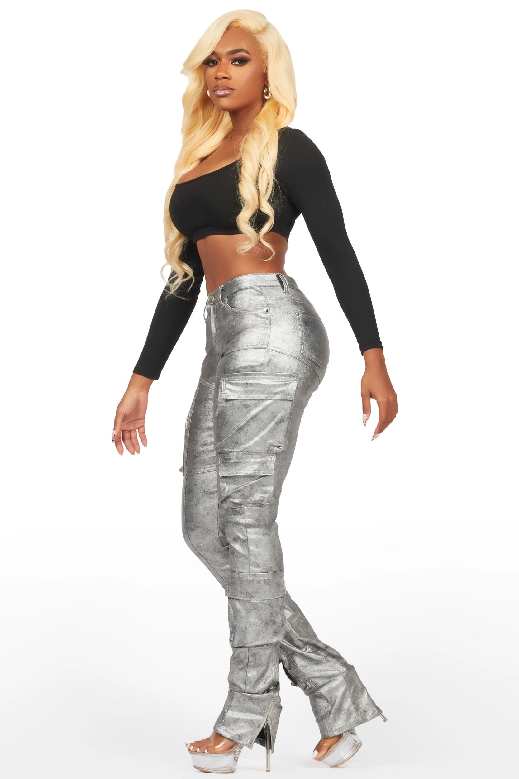 Teeoina Silver Coated Black Skinny Stacked PU Pant Female Product Image