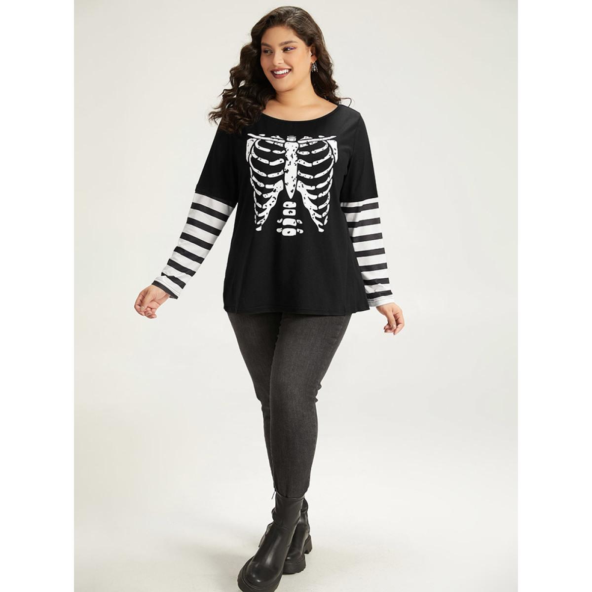 Plus Size Halloween Striped & Skull Print Patchwork T-shirt Black Women Casual Printed Halloween Festival-Halloween T-shirts BloomChic 28/5X Product Image