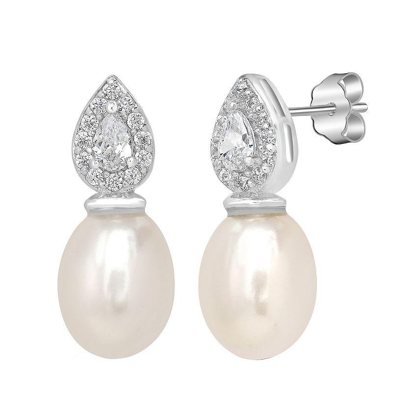Gemistry Sterling Silver Freshwater Cultured Pearl & Square Cubic Zirconia Stud Earrings, Women's Product Image