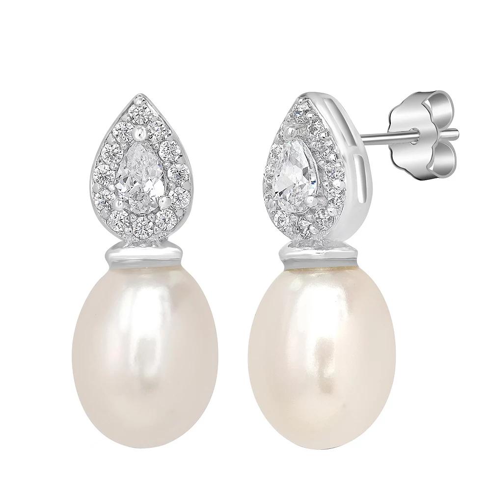Gemistry Sterling Silver Freshwater Cultured Pearl & Square Cubic Zirconia Stud Earrings, Women's Product Image