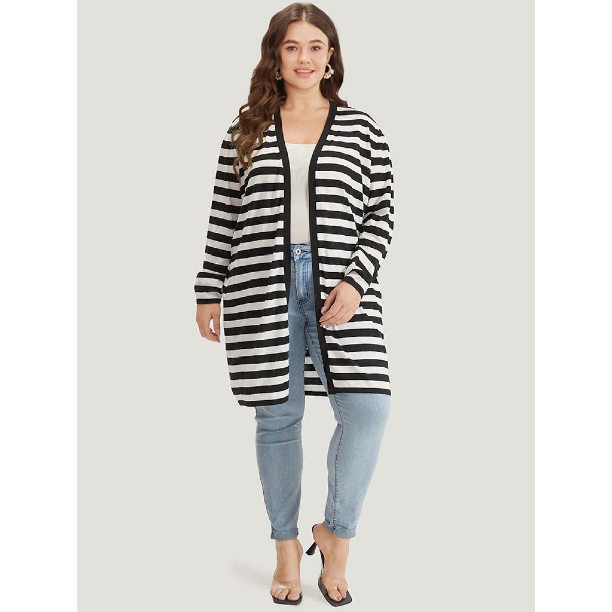 Plus Size Striped Open Front Drop Shoulder Tunic Cardigan Black Women Casual Loose Long Sleeve Dailywear Cardigans BloomChic 26/4X Product Image