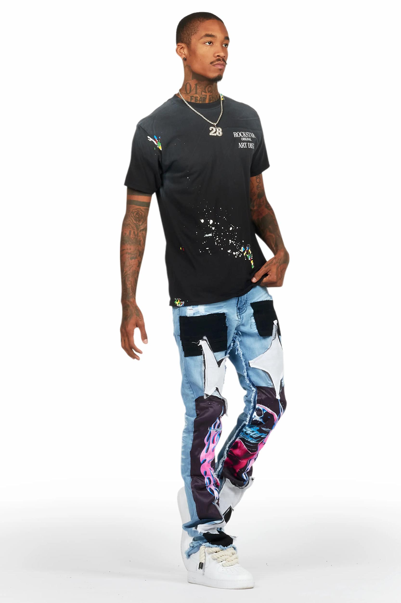 Helios Blue Patchwork Stacked Flare Jean Male Product Image