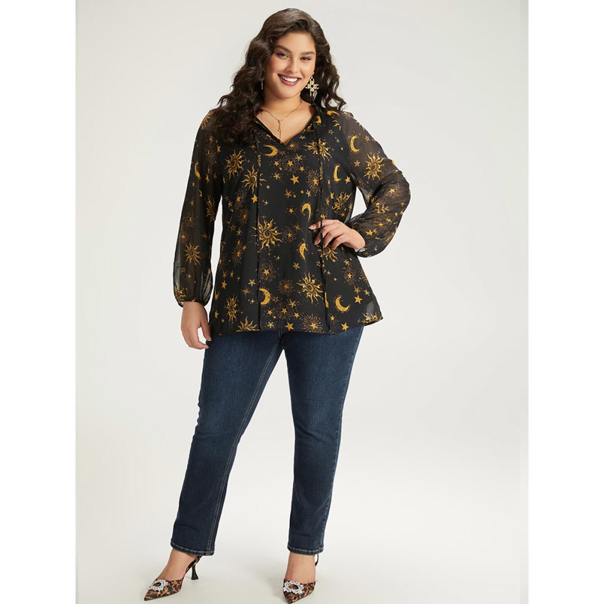 Plus Size Black Halloween Moon & Star Print Tie Neck Mesh Lantern Sleeve Blouse Women Elegant Long Sleeve Tie Neck Festival-Halloween Blouses BloomChic 22-24/3X Product Image