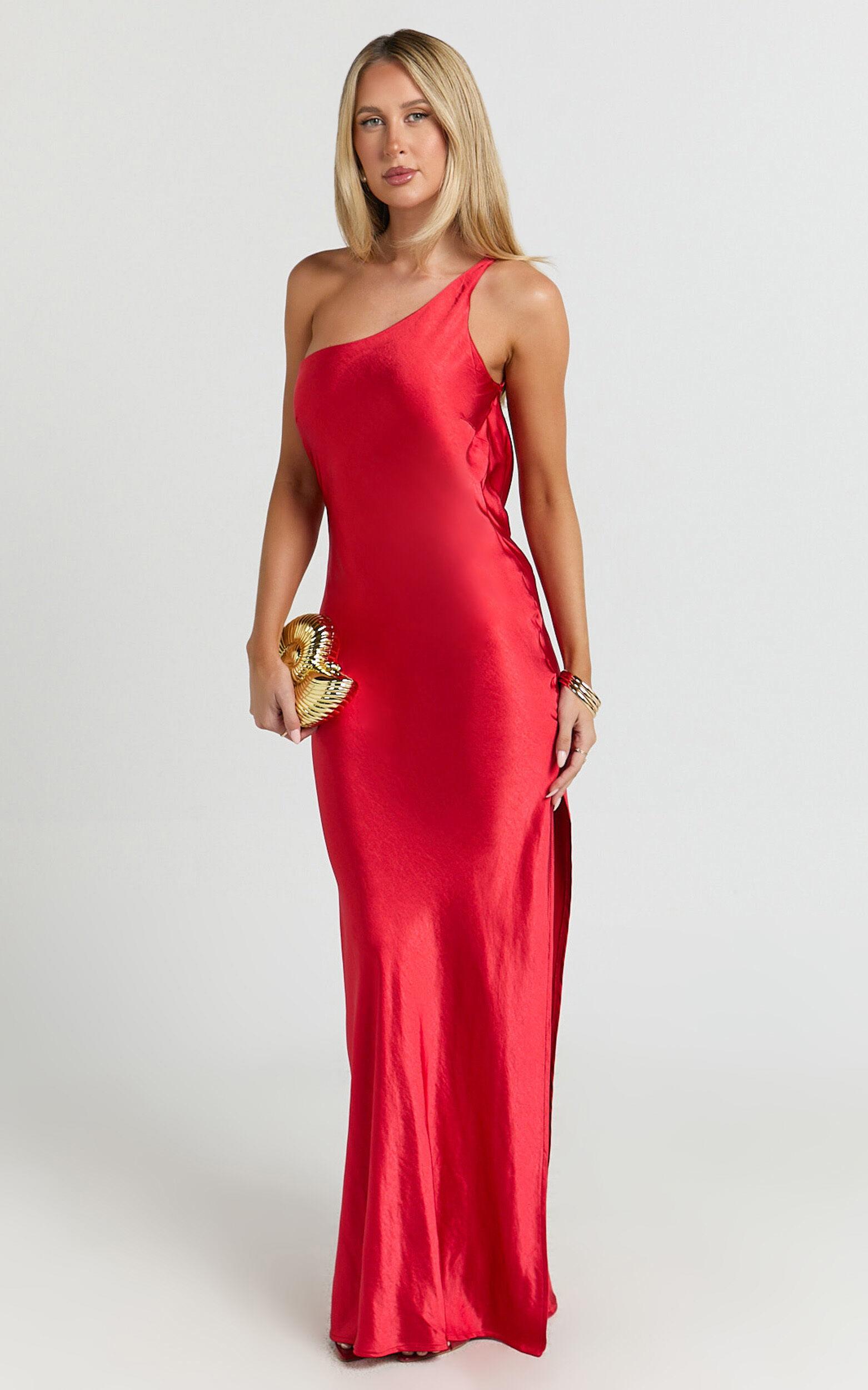 Helga Maxi Dress - Satin One Shoulder Cowl Back Bias Cut Dress in Red Product Image