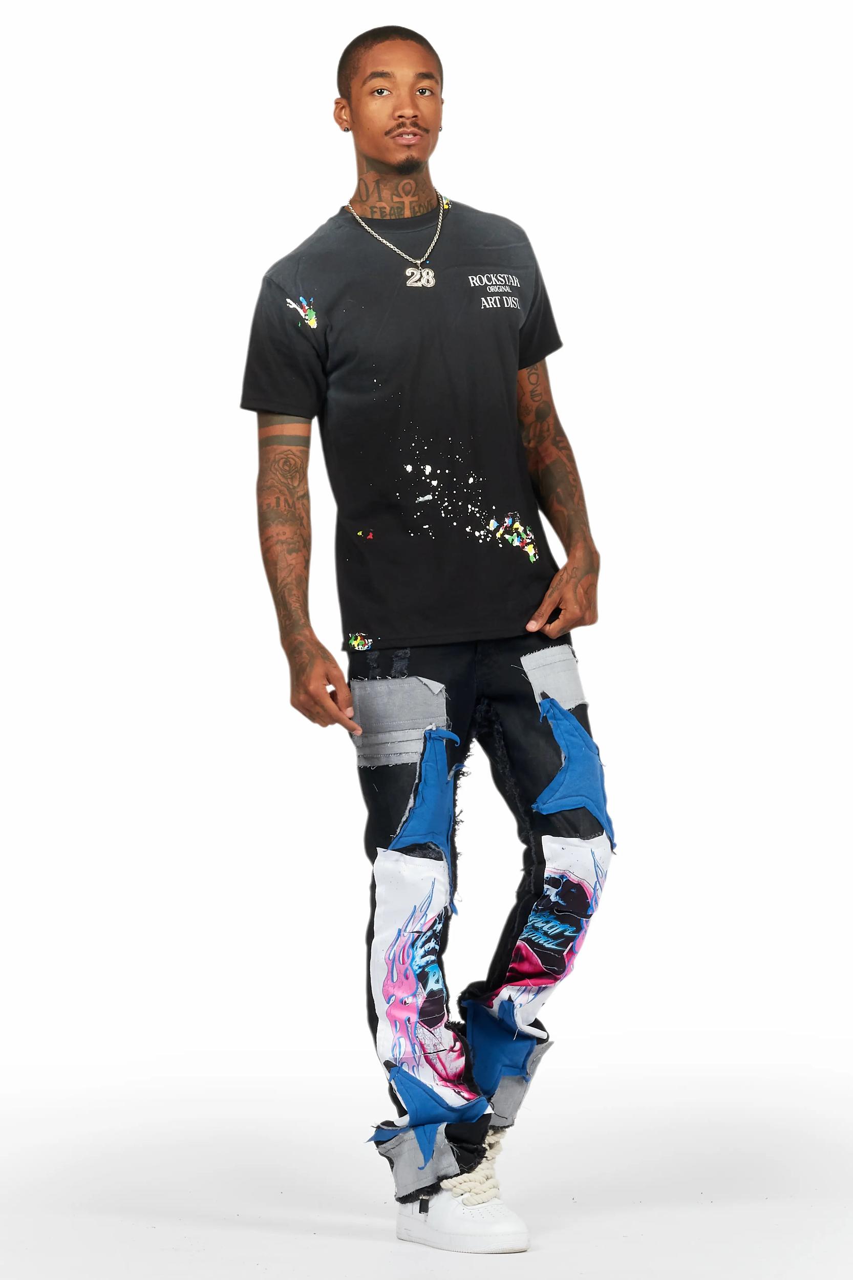 Helios Dark Grey Patchwork Stacked Flare Jean Male Product Image