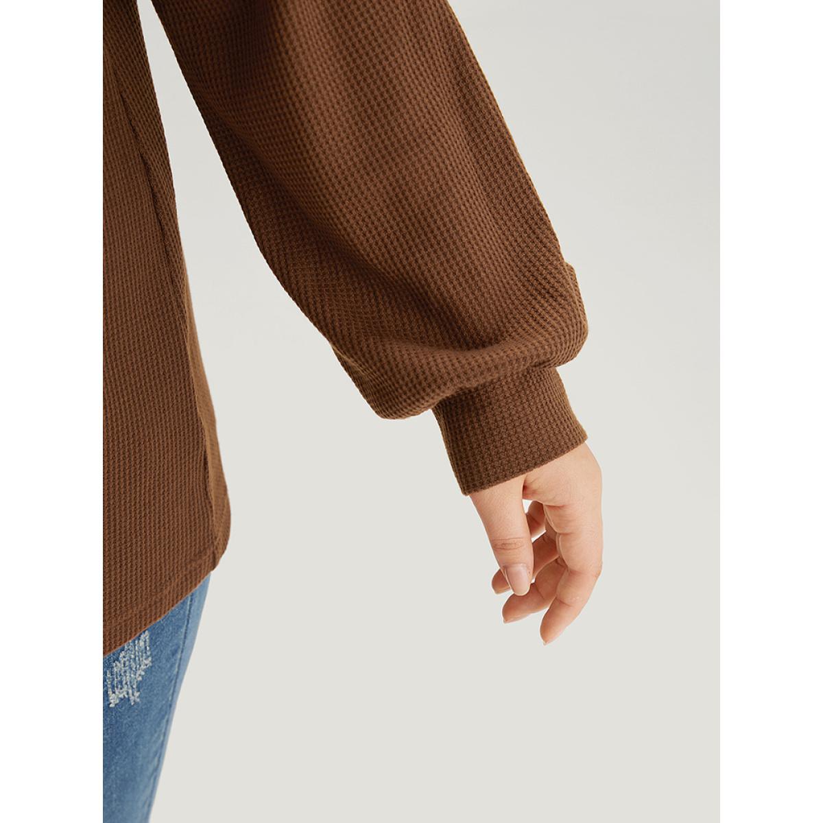 Plus Size Leopard Patchwork Waffle Knit Elastic Cuffs T-shirt DarkBrown Women Casual Elastic cuffs Leopard Round Neck Dailywear T-shirts BloomChic 18-20/2X Product Image