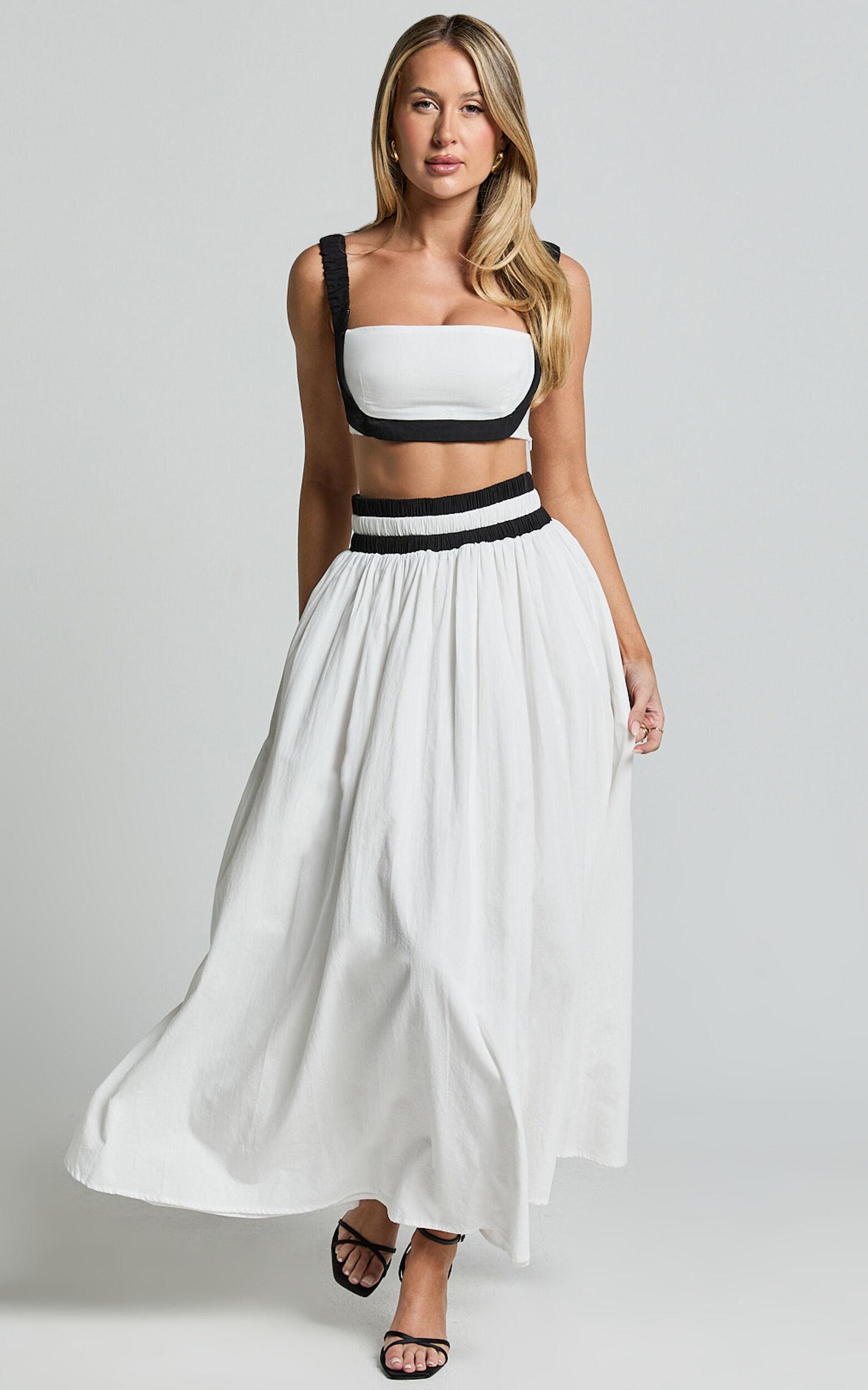 Sapphire Two Piece Set - Contrast Band Crop Top and A Line Maxi Skirt in White & Black Product Image